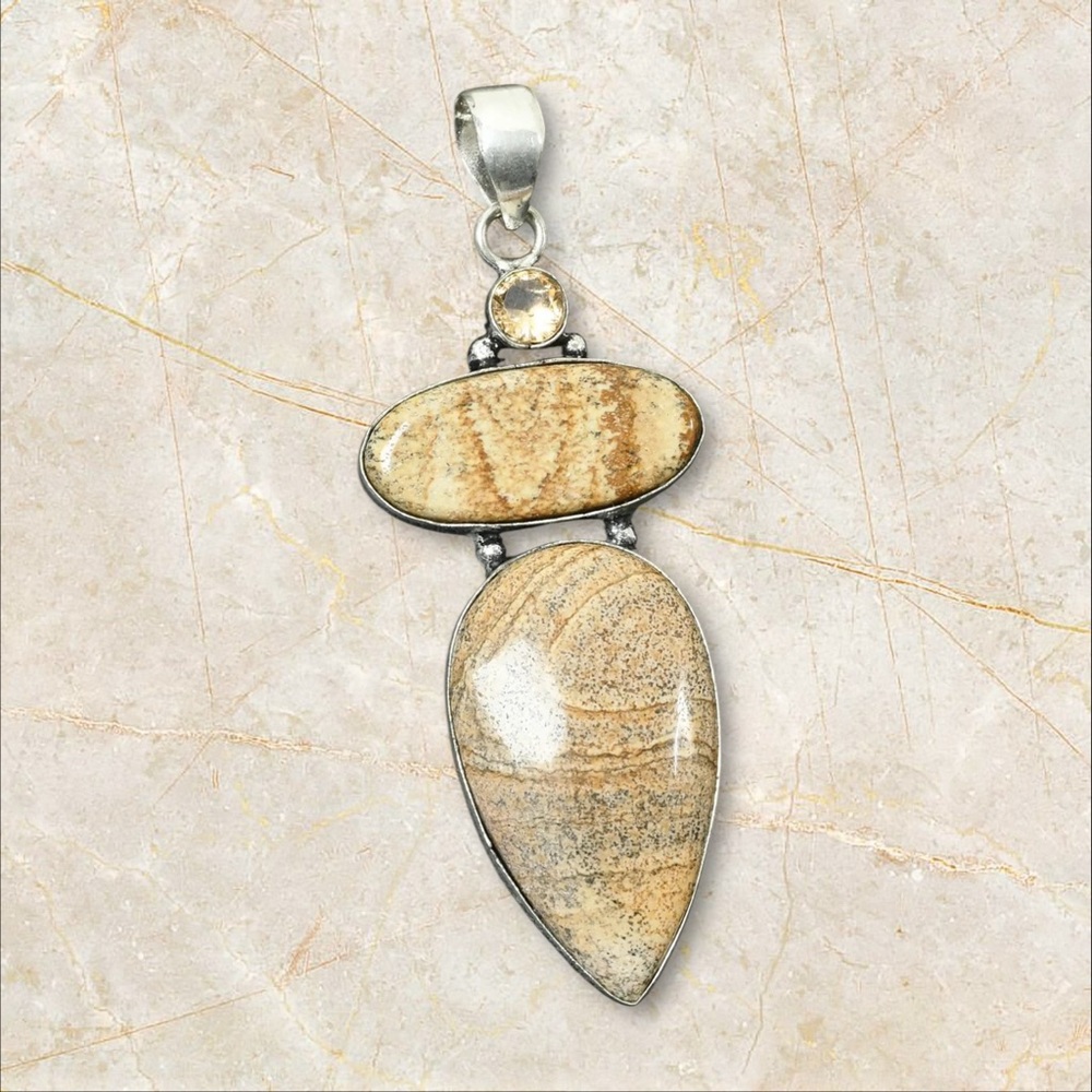 Hand Crafted Picture Jasper Teardrop & Morganite Pendant With Citrine Accent